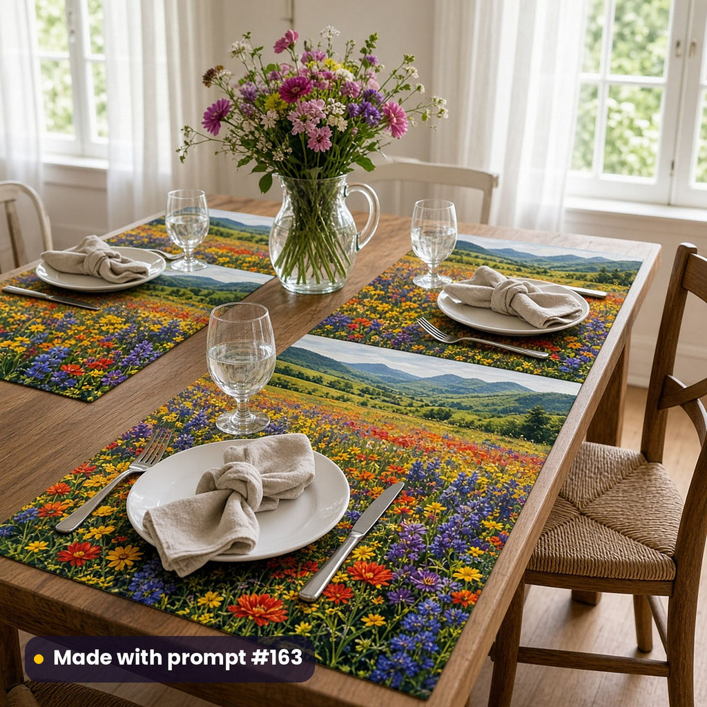 Placemats printed with bands of red, yellow, blue and purple wildflowers flowing to green hills, set with white plates, water glasses and linen napkins in a bright dining room, made with prompt #163