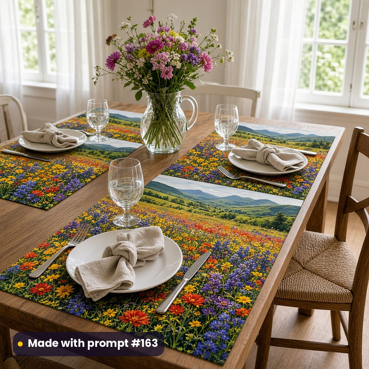 Placemats printed with bands of red, yellow, blue and purple wildflowers flowing to green hills, set with white plates, water glasses and linen napkins in a bright dining room, made with prompt #163