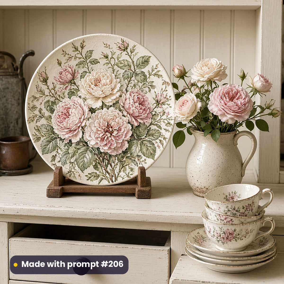 Round plate painted with blush and cream English roses and sage leaves, on a stand on a cream dresser beside garden roses and vintage teacups, made with prompt #206