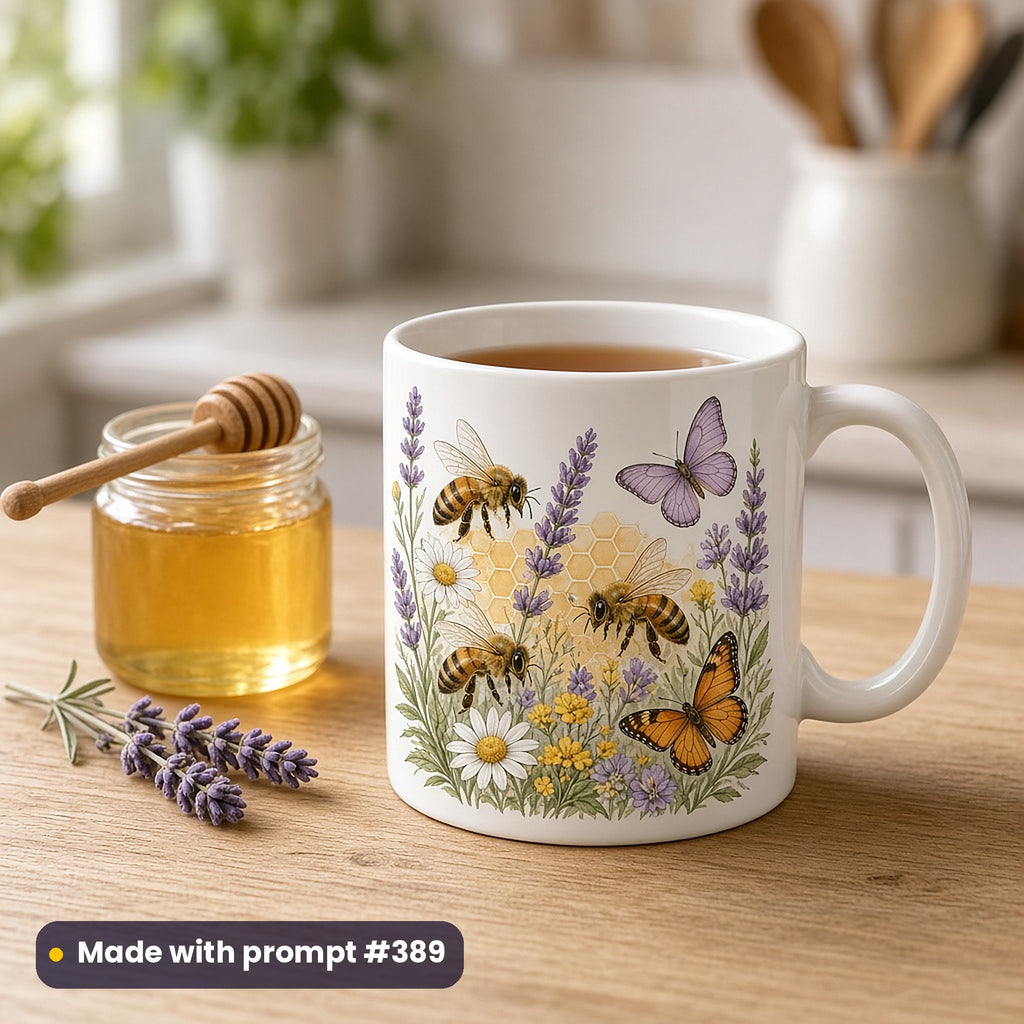 White mug with a premium vector illustration of bees, butterflies and garden flowers, beside a jar of honey on a kitchen counter, made with prompt #389