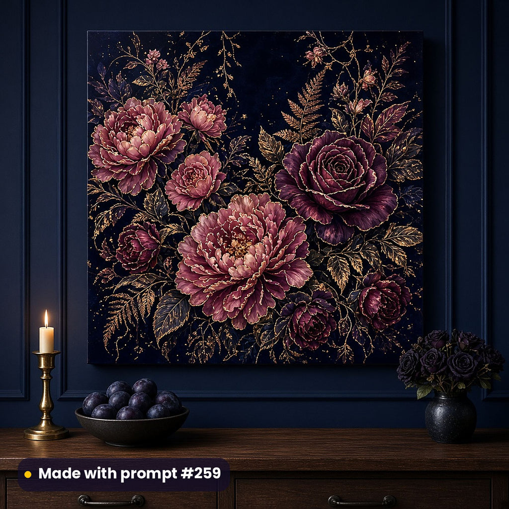 Wall art of a full scenic midnight botanical garden of peonies, roses and ferns with gold highlights, on a navy kitchen wall above a candle and plums, made with prompt #259