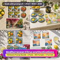 Tableware Prompt Bundle: Mediterranean Citrus and Destinations title card: a 2x2 collage of tableware made with prompts from the bundle: Citrus tableware flat-lay on a sunny limestone table (prompt #1 + #22 + #43); Citrus tableware on a cream kitchen table (prompt #102 + #127 + #189); Coastal tableware on a whitewashed terrace table (prompt #201 + #222 + #243); Coastal style tableware on a white terrace table (prompt #281 + #302 + #323)