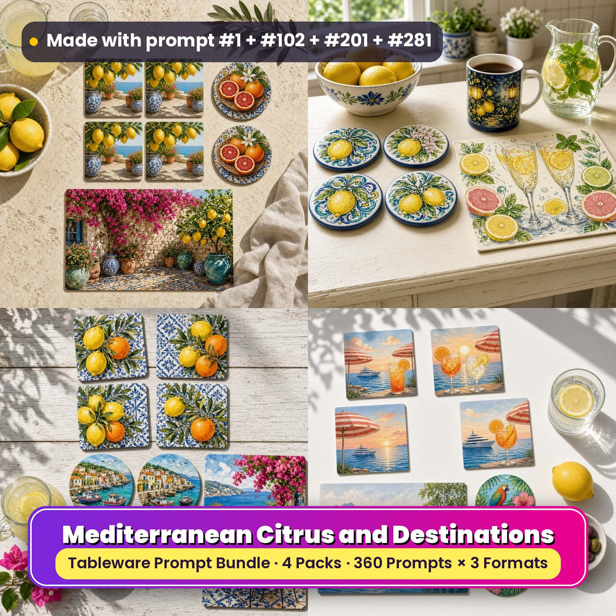 Tableware Prompt Bundle: Mediterranean Citrus and Destinations title card: a 2x2 collage of tableware made with prompts from the bundle: Citrus tableware flat-lay on a sunny limestone table (prompt #1 + #22 + #43); Citrus tableware on a cream kitchen table (prompt #102 + #127 + #189); Coastal tableware on a whitewashed terrace table (prompt #201 + #222 + #243); Coastal style tableware on a white terrace table (prompt #281 + #302 + #323)