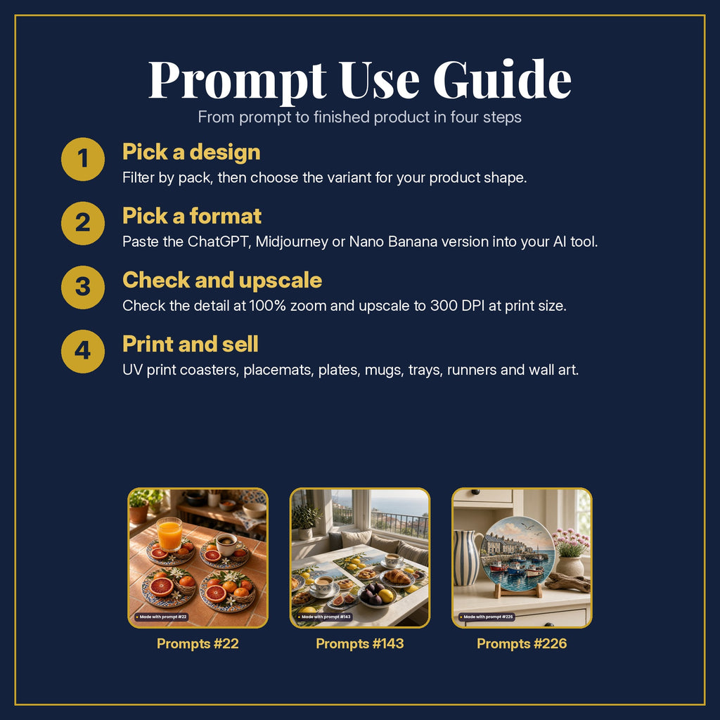 Prompt Use Guide in four steps, with example products made with prompt #22, prompt #143, prompt #226