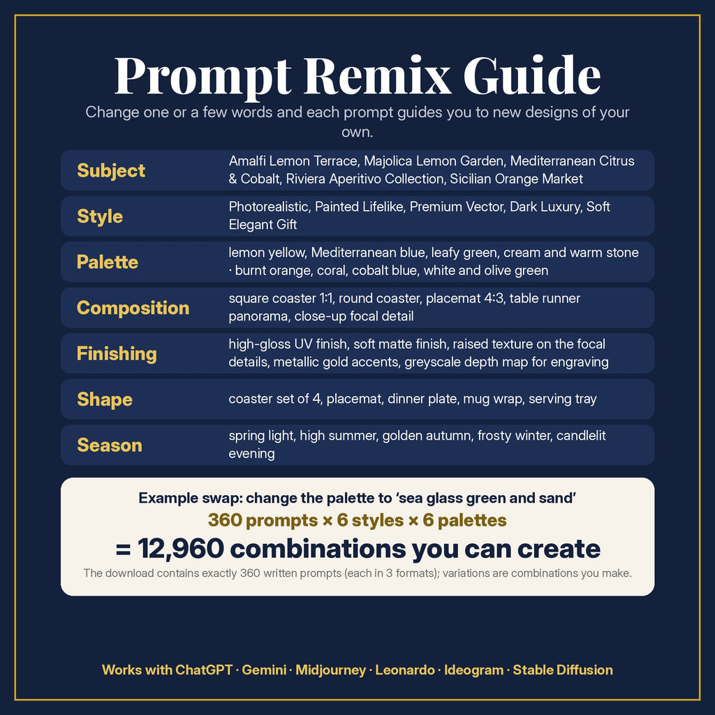 Prompt Remix Guide: what to change, and 360 prompts × 6 styles × 6 palettes = 12,960 combinations you can create