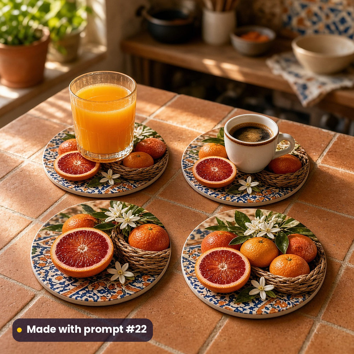 Four round coasters printed with blood oranges and mandarins in baskets on cobalt patterned tiles, with orange juice and an espresso on a terracotta-tiled counter, made with prompt #22