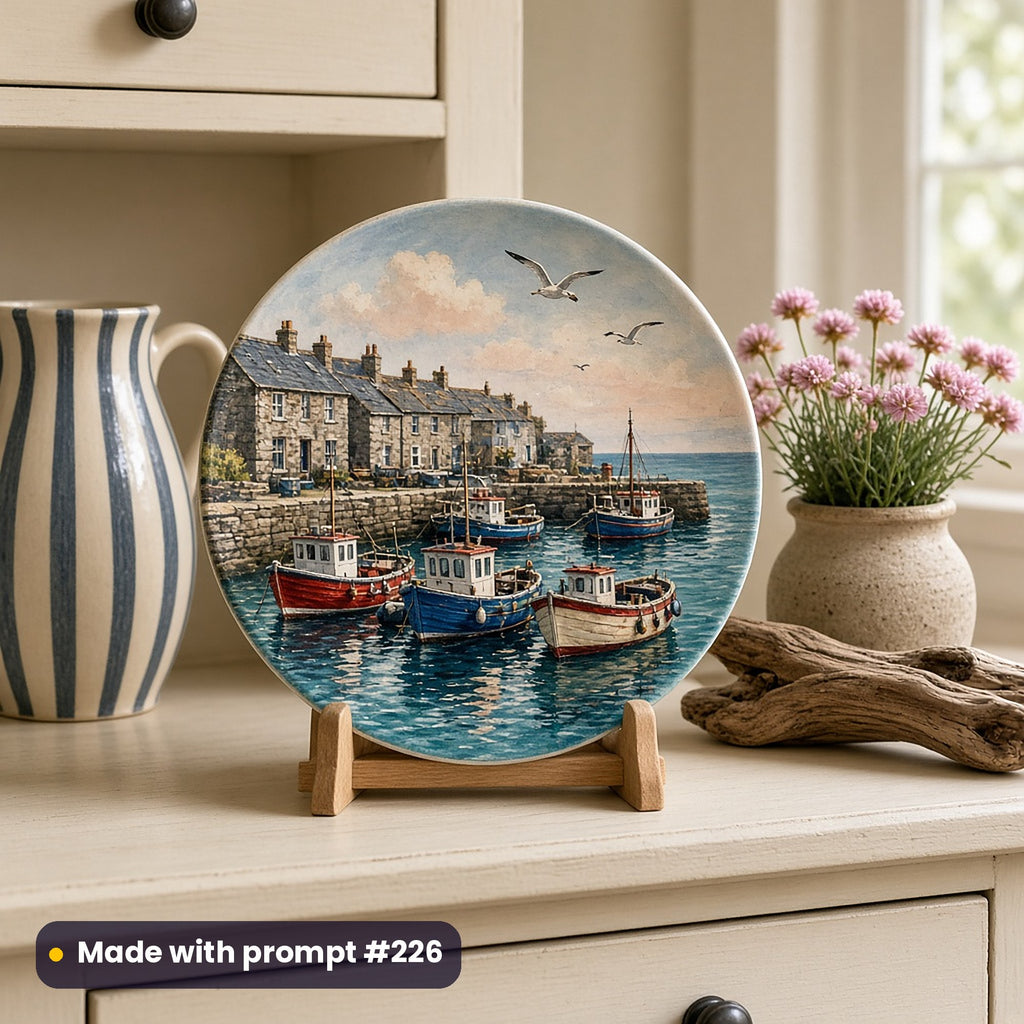 Round plate painted with fishing boats in a stone harbour with cottages and gulls, on a wooden stand on a cream dresser beside a striped jug, driftwood and sea thrift, made with prompt #226