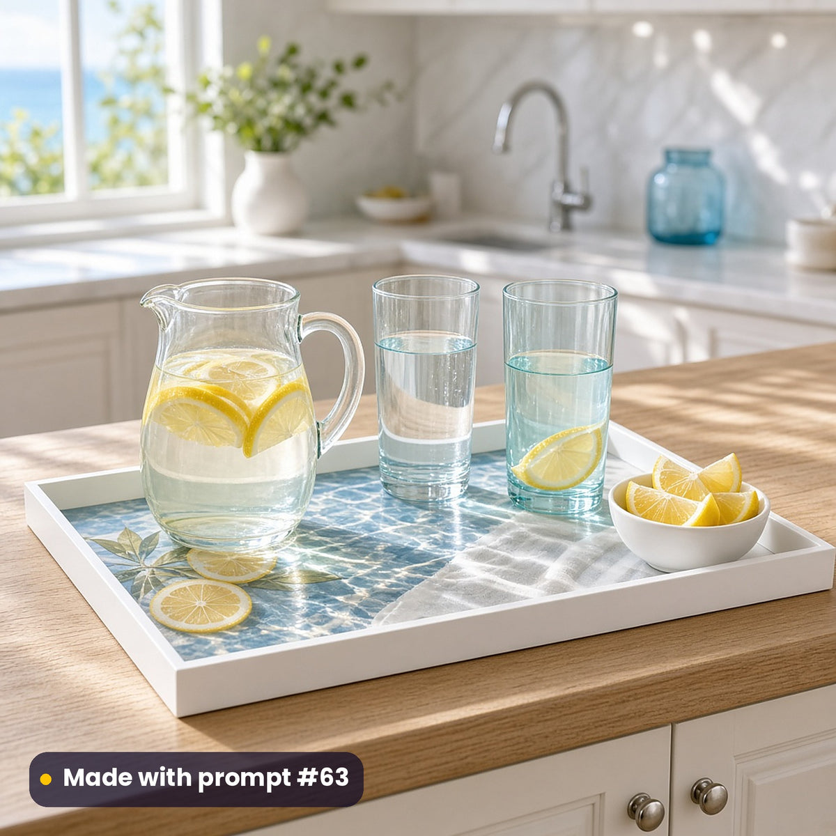 White serving tray printed with lemon slices on sunlit sea-blue water and linen, holding a jug of lemon water, two glasses and lemon wedges on an oak kitchen island, made with prompt #63