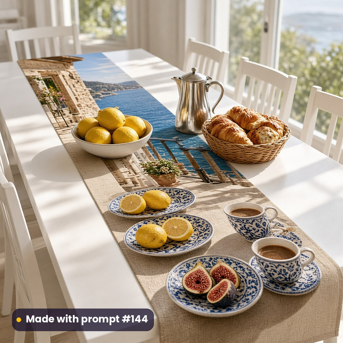 Long table runner printed with a sunlit stone balcony overlooking a blue sea, on a white dining table with lemons, croissants, figs, coffee and blue-patterned crockery, made with prompt #144
