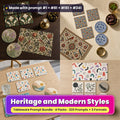 Tableware Prompt Bundle: Heritage and Modern Styles title card: a 2x2 collage of tableware made with prompts from the bundle: Heritage style tableware on a dark wood table (prompt #1 + #22 + #43); Decorative style tableware on a dark wood table (prompt #81 + #102 + #123); Modern style tableware on a pale oak table (prompt #161 + #182 + #203); Modern style tableware on a pale oak table (prompt #241 + #262 + #283)