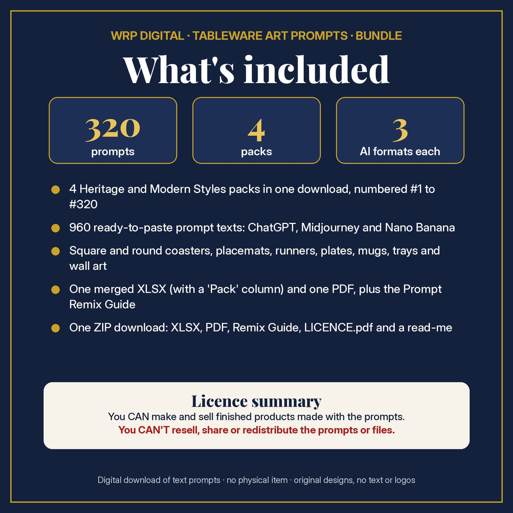 What's included: 320 tableware prompts from 4 heritage and modern style tableware packs in one merged XLSX and PDF, 3 AI formats each, the Prompt Remix Guide, ZIP and a licence summary