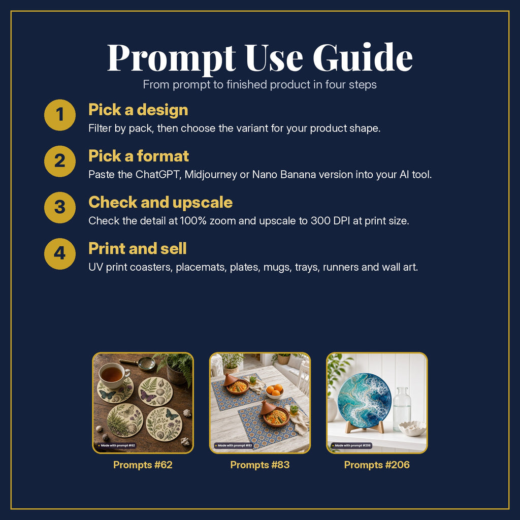 Prompt Use Guide in four steps, with example products made with prompt #62, prompt #83, prompt #206