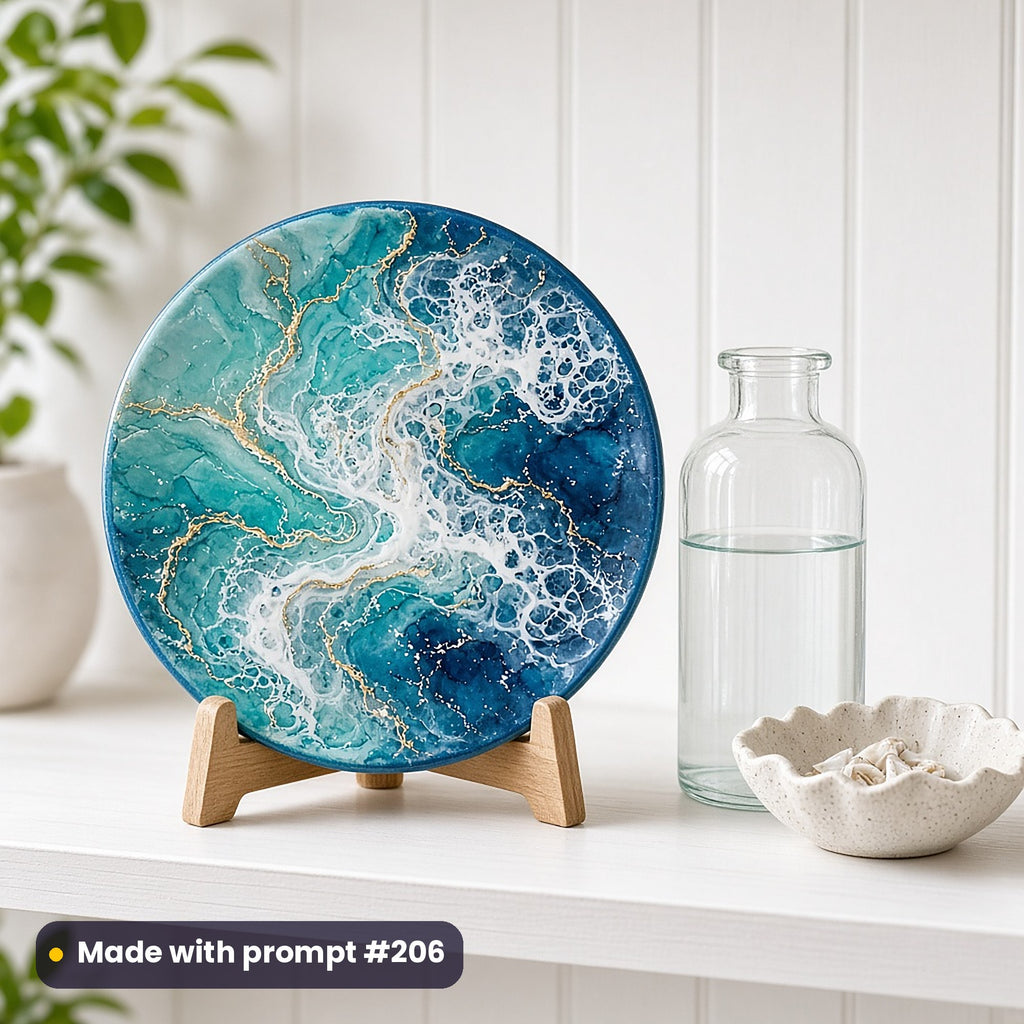 Round plate painted with fluid resin ocean art in turquoise and deep blue with white lacing and gold veins, on a stand on a white kitchen shelf, made with prompt #206