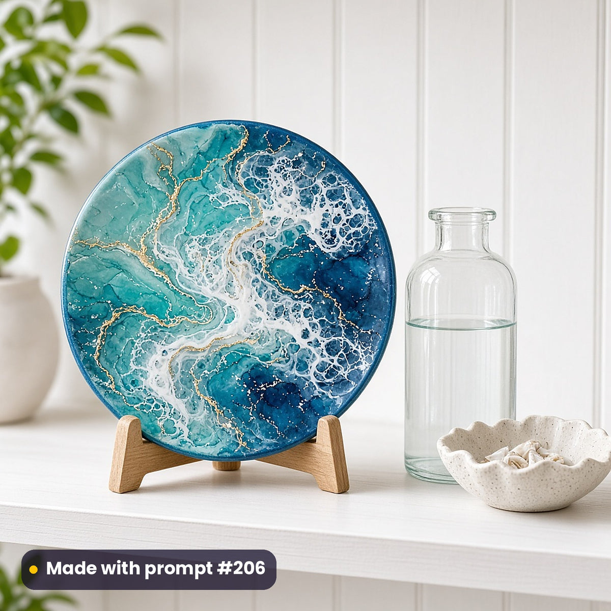 Round plate painted with fluid resin ocean art in turquoise and deep blue with white lacing and gold veins, on a stand on a white kitchen shelf, made with prompt #206