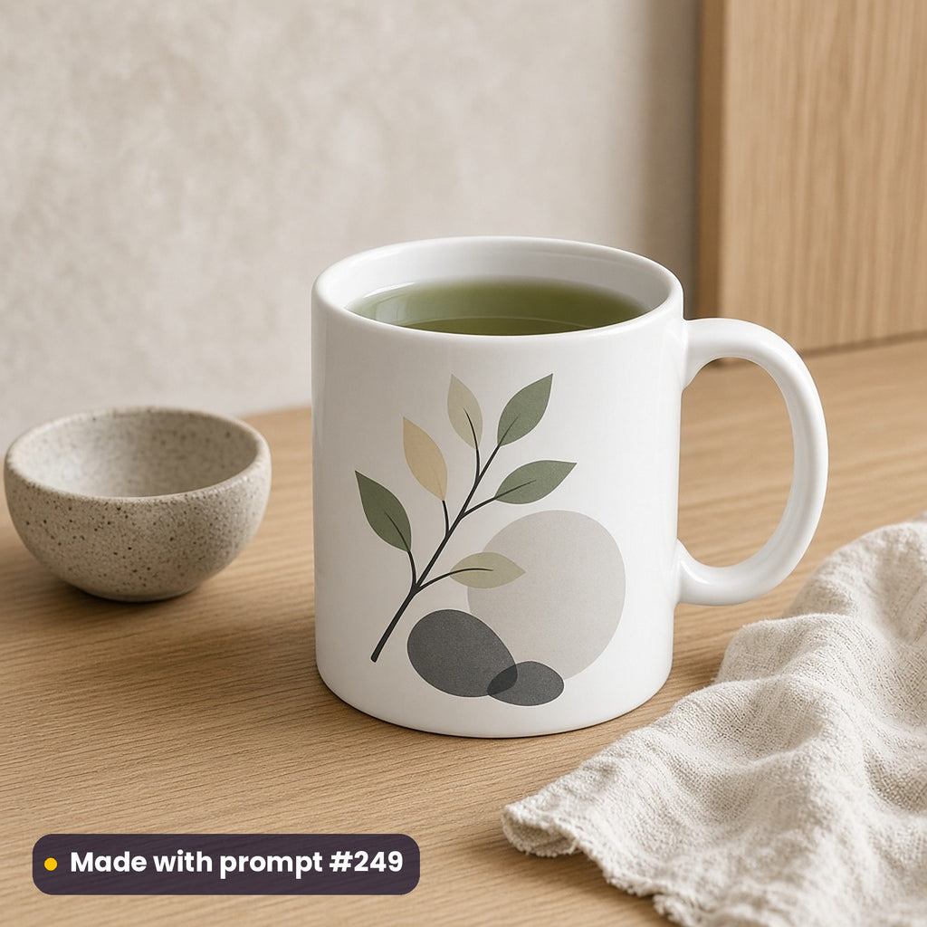 White mug with a premium vector Japandi branch and stone design in charcoal, sage and cream, holding green tea on a pale oak counter, made with prompt #249