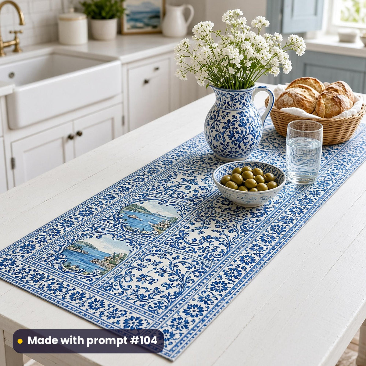 Table runner printed with blue and white azulejo-style tile panels, on a sunny dining table with bread, olives and lemons, made with prompt #104