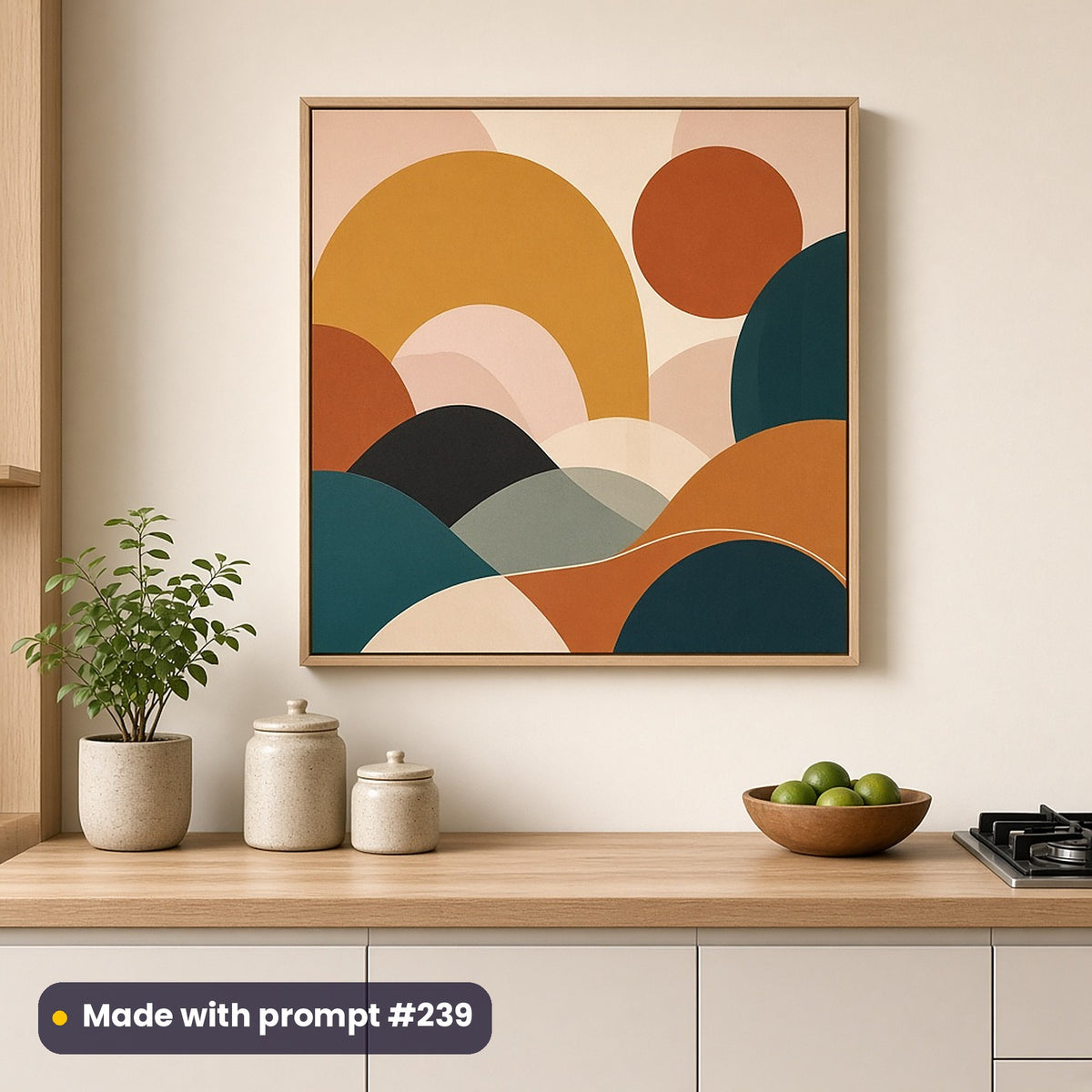 Wall art of a full scenic colour-block composition of arches, sun circles and curved hills, on a cream kitchen wall above an oak counter, made with prompt #239