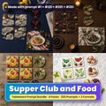 Tableware Prompt Bundle: Supper Club and Food title card: a 2x2 collage of tableware made with prompts from the bundle: Supper club tableware on a navy linen table (prompt #1 + #22 + #63); Supper tableware on a dark oak table (prompt #101 + #122 + #183); Food style tableware on a rustic table (prompt #201 + #222 + #243); Food style tableware on a marble table (prompt #261 + #282 + #303)