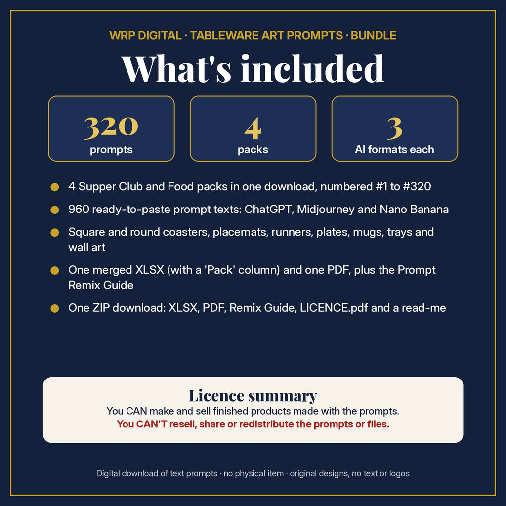 What's included: 320 tableware prompts from 4 supper club and food tableware packs in one merged XLSX and PDF, 3 AI formats each, the Prompt Remix Guide, ZIP and a licence summary