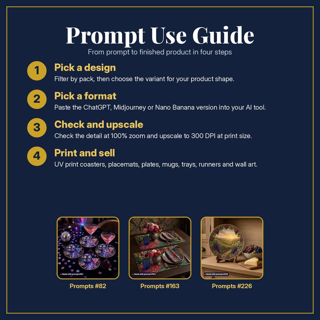 Prompt Use Guide in four steps, with example products made with prompt #82, prompt #163, prompt #226
