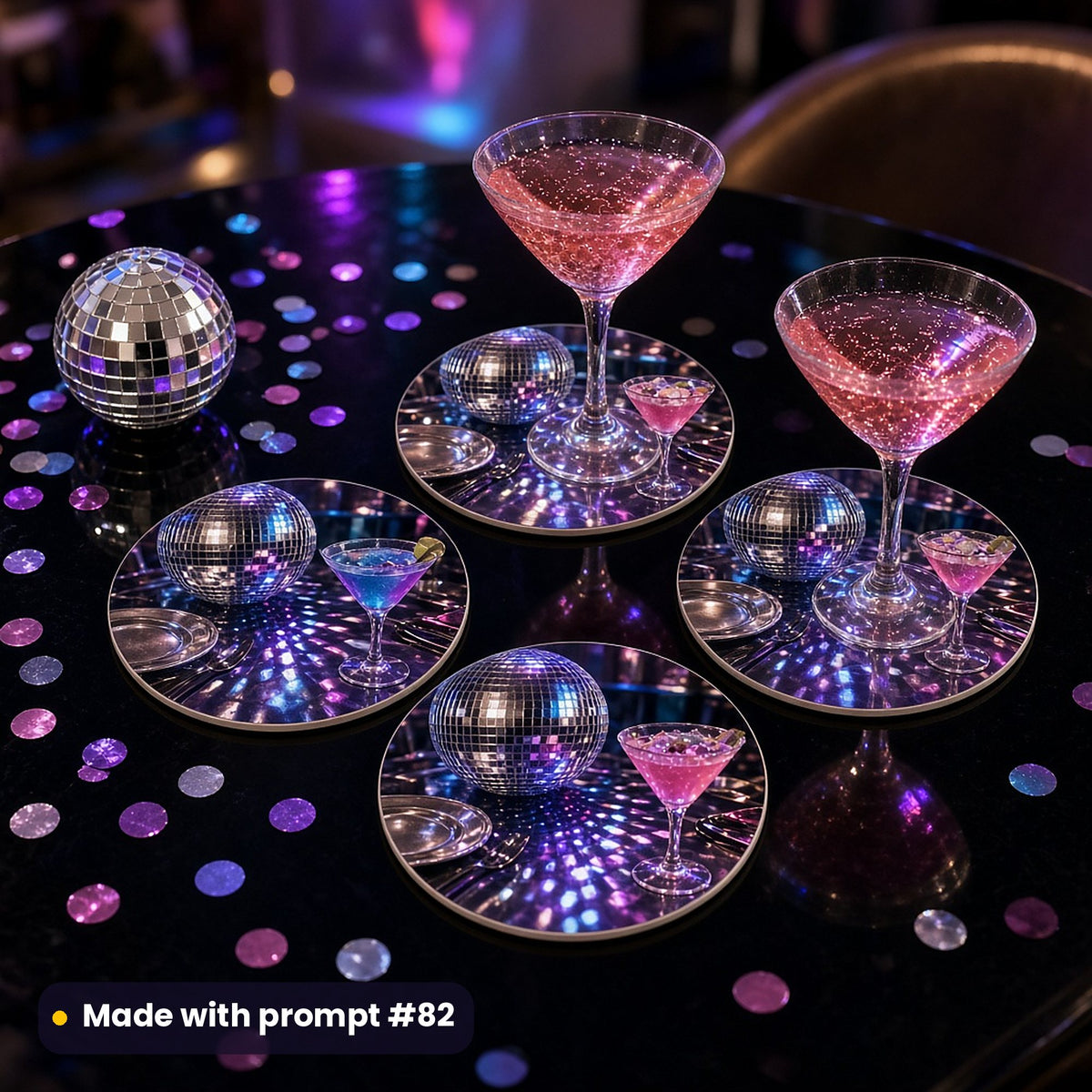 Four round coasters printed with a disco dining table of mirror balls, metallic plates and pink and blue cocktails, with two pink drinks on a black table scattered with glitter confetti, made with prompt #82