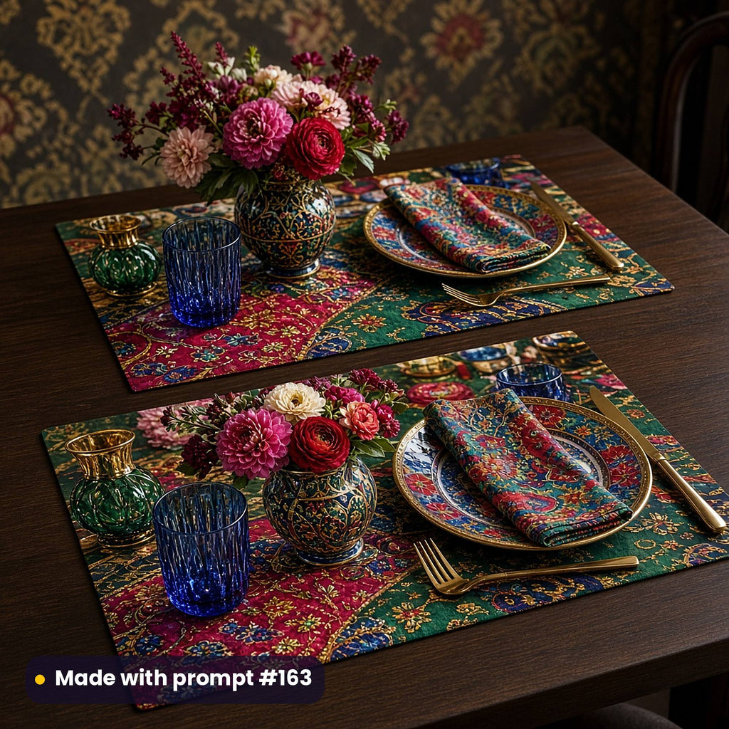 Two placemats printed with a maximalist pattern of jewel glassware and layered florals in emerald, ruby, cobalt and magenta, set with patterned plates, cobalt tumblers and dahlias, made with prompt #163