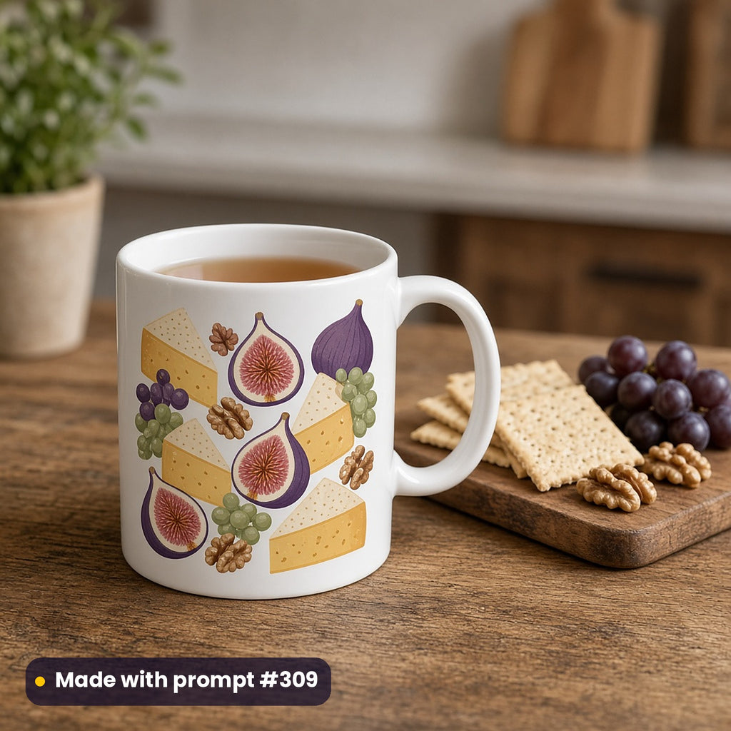 White mug with a premium vector design of cheese wedges, figs, grapes and walnuts, holding tea beside crackers and grapes on a wooden counter, made with prompt #309