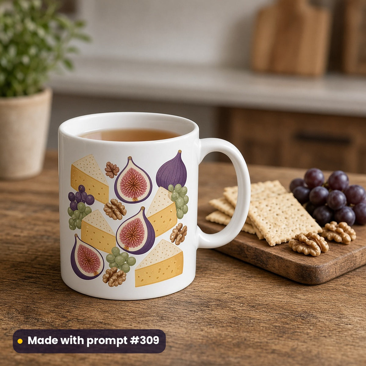 White mug with a premium vector design of cheese wedges, figs, grapes and walnuts, holding tea beside crackers and grapes on a wooden counter, made with prompt #309