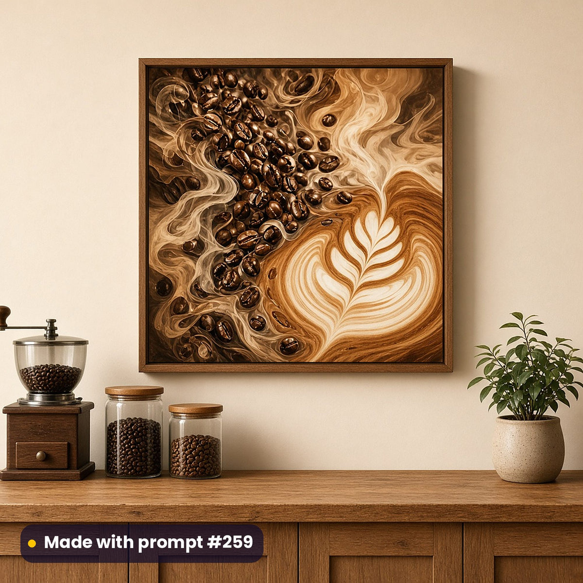 Wall art of a full scenic cascade of coffee beans, steam swirls and latte art, on a cream kitchen wall above a coffee grinder and bean jars, made with prompt #259