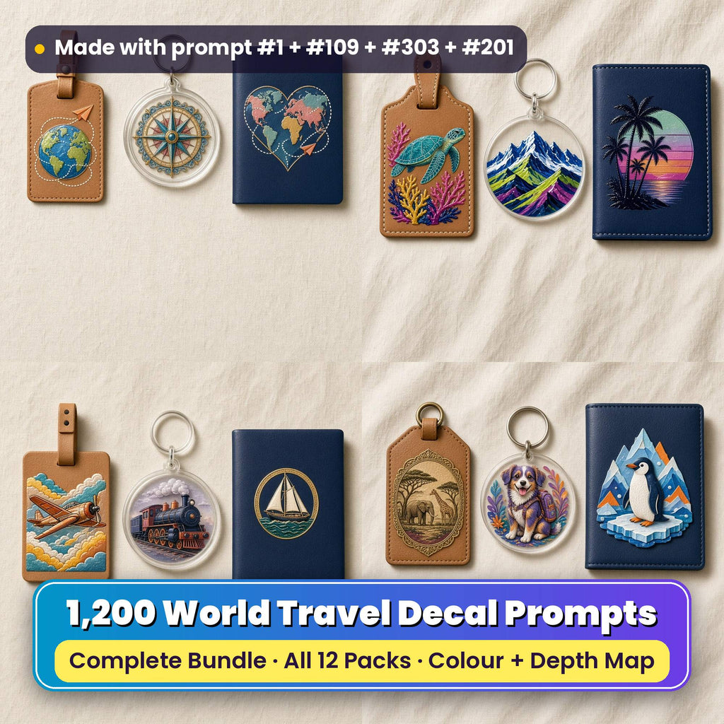 Complete World Travel Bundle title card: a 2x2 collage of UV-printed luggage tags, key rings and passport covers on cream linen made with prompts from four packs: globe, compass and map heart (prompt #1 + #81 + #55); sea turtle, alpine peaks and palm sunset (prompt #109 + #53 + #3); propeller plane, steam train and sailing yacht (prompt #303 + #21 + #11); safari medallion, dog with backpack and penguin (prompt #201 + #51 + #35)