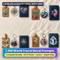 Complete World Travel Bundle title card: a 2x2 collage of UV-printed luggage tags, key rings and passport covers on cream linen made with prompts from four packs: globe, compass and map heart (prompt #1 + #81 + #55); sea turtle, alpine peaks and palm sunset (prompt #109 + #53 + #3); propeller plane, steam train and sailing yacht (prompt #303 + #21 + #11); safari medallion, dog with backpack and penguin (prompt #201 + #51 + #35)