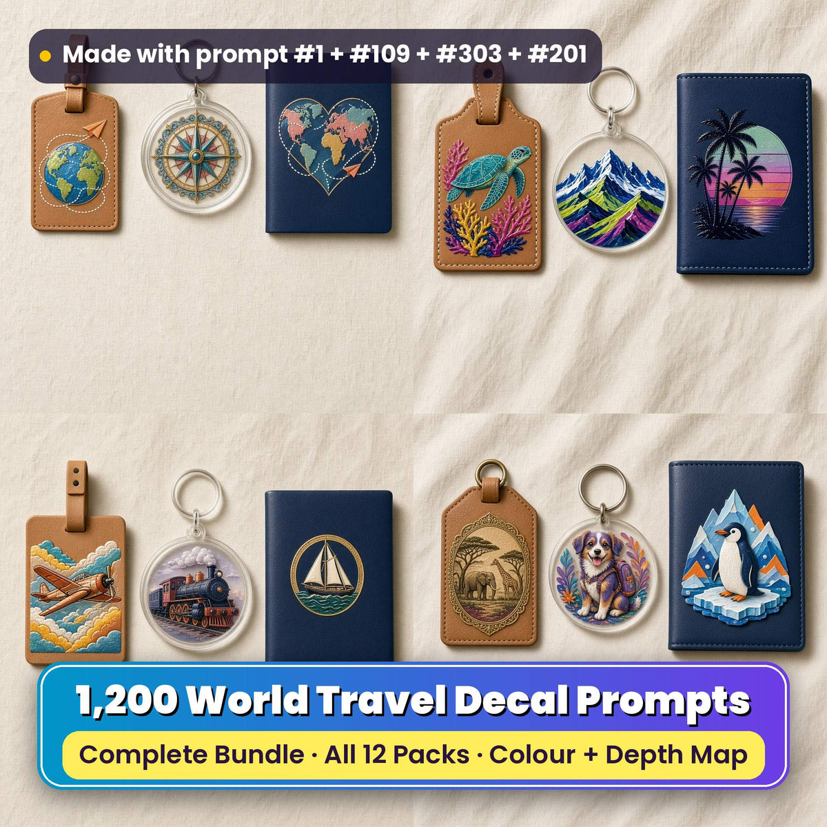 Complete World Travel Bundle title card: a 2x2 collage of UV-printed luggage tags, key rings and passport covers on cream linen made with prompts from four packs: globe, compass and map heart (prompt #1 + #81 + #55); sea turtle, alpine peaks and palm sunset (prompt #109 + #53 + #3); propeller plane, steam train and sailing yacht (prompt #303 + #21 + #11); safari medallion, dog with backpack and penguin (prompt #201 + #51 + #35)