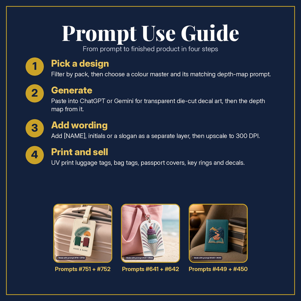 Prompt Use Guide in four steps, with example products made with prompt #751, prompt #752, prompt #641, prompt #642, prompt #449, prompt #450