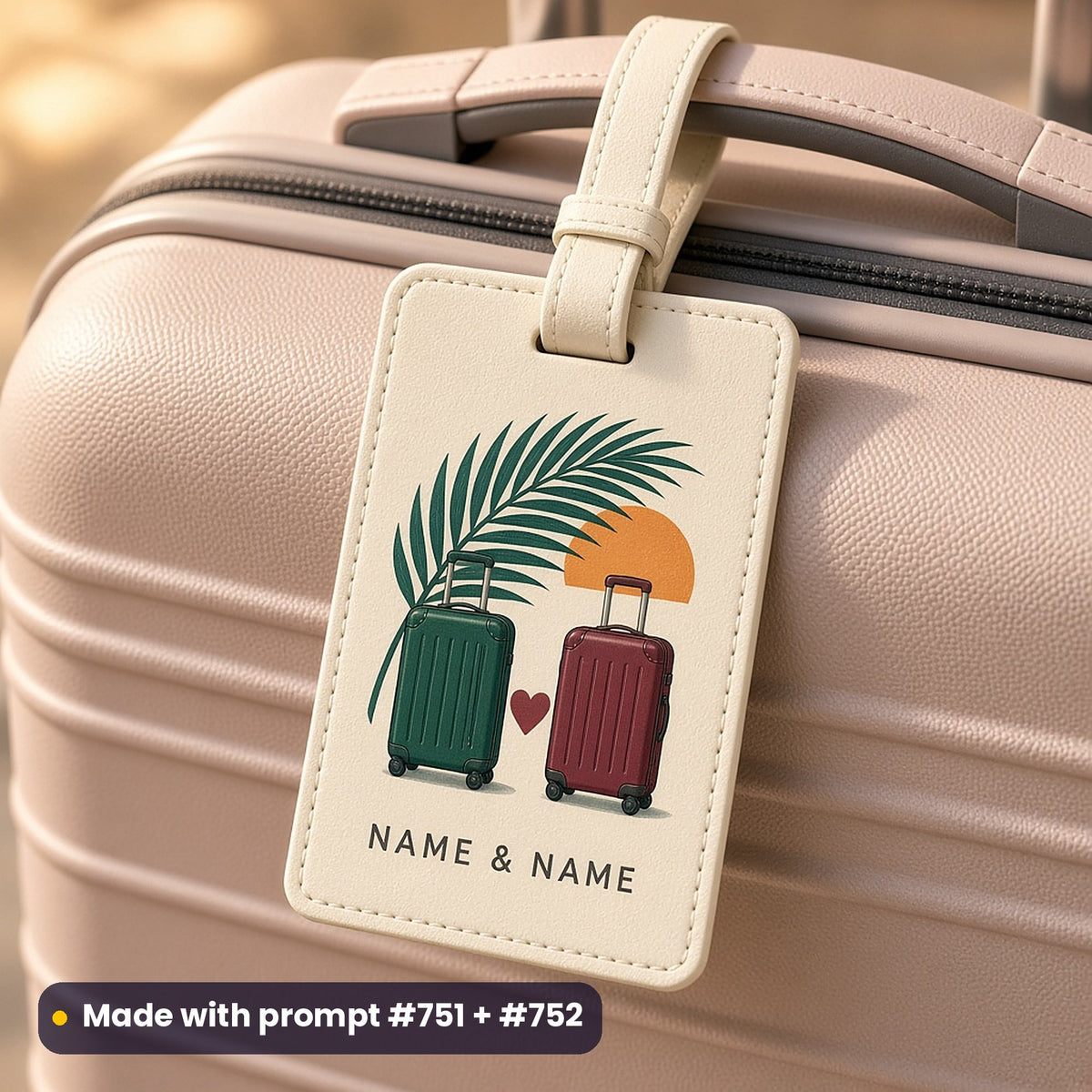 Ivory leather luggage tag on a blush suitcase, UV printed with two suitcases, a heart, a palm frond and a setting sun, with NAME & NAME placeholder text, made with prompt #751 + #52