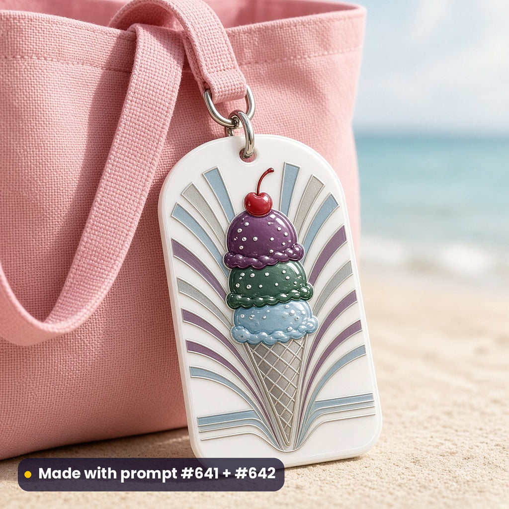 White acrylic bag tag on a pink beach bag, UV printed with an art-deco ice-cream cone with three scoops, a cherry and fan-shaped rays, made with prompt #641 + #42