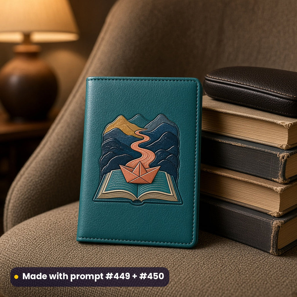 Plain teal leather passport cover on an armchair beside old books, with a decal of an open book, a paper boat and a path rising to the hills, made with prompt #449 + #50