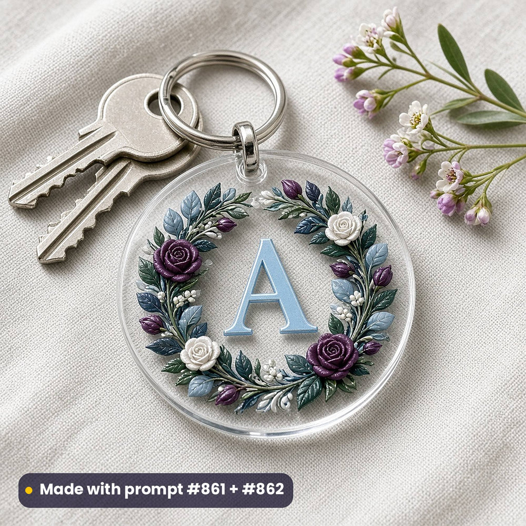 Round clear acrylic key ring with keys on linen, printed with a raised floral wreath of roses and leaves around the placeholder initial A, made with prompt #861 + #62