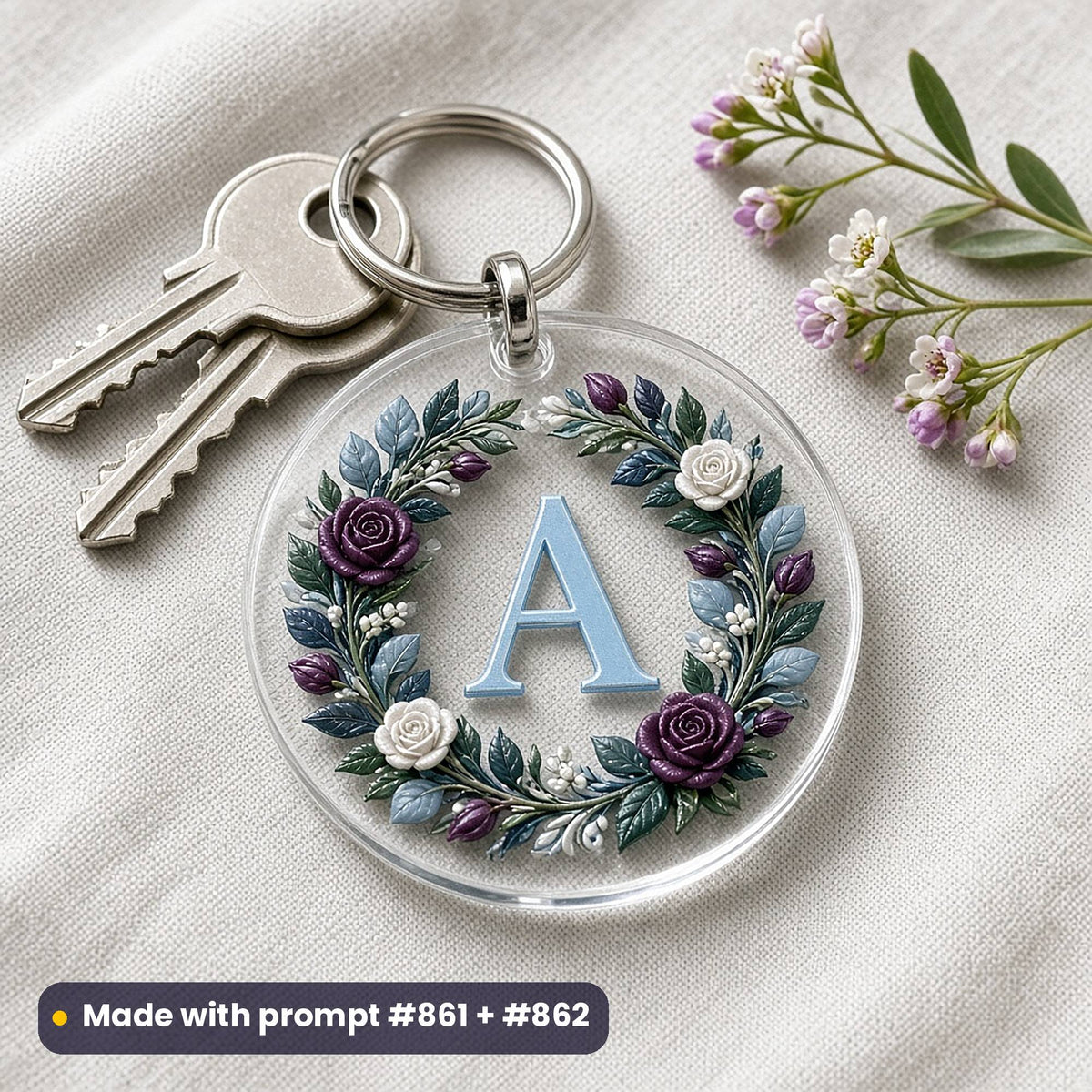 Round clear acrylic key ring with keys on linen, printed with a raised floral wreath of roses and leaves around the placeholder initial A, made with prompt #861 + #62
