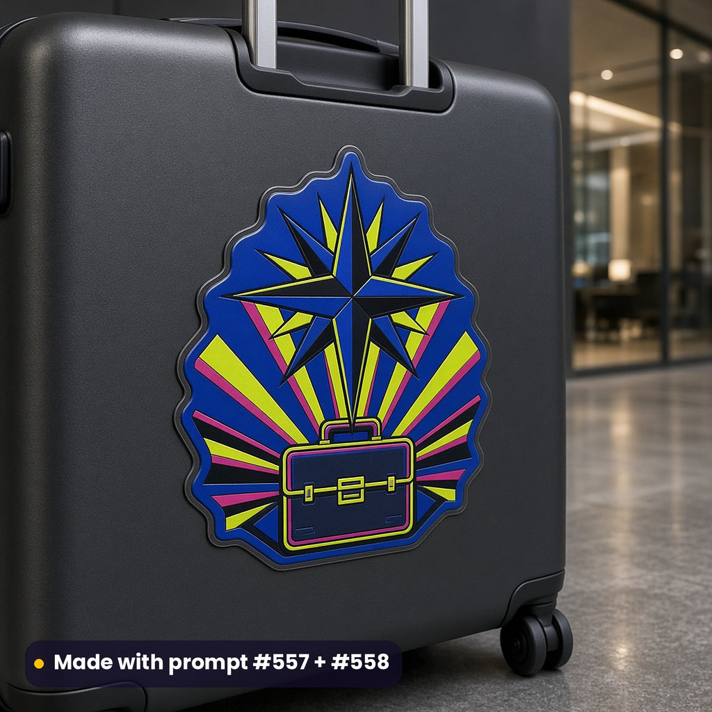 Charcoal hard-shell suitcase in an office lobby with a large art-deco die-cut decal of a compass star over a briefcase with rays, made with prompt #557 + #58