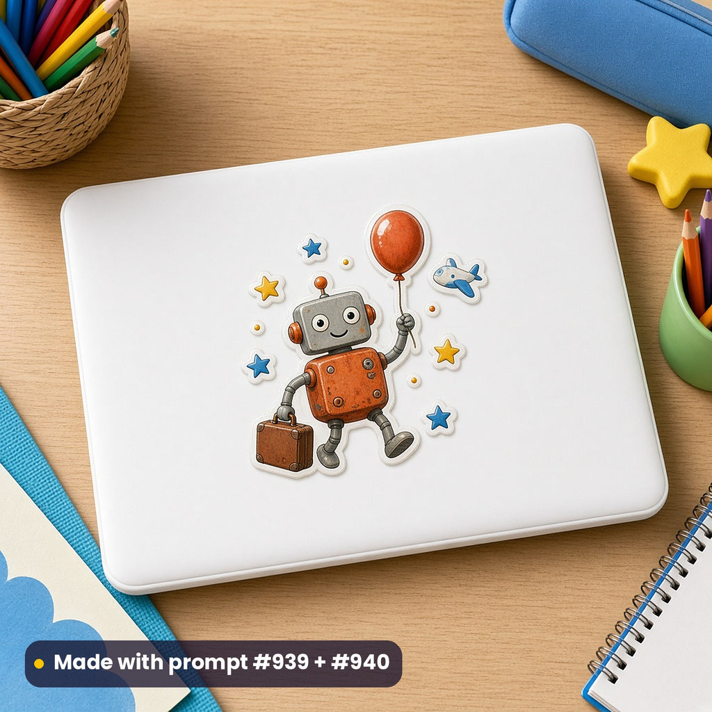 White laptop on a kids' desk with a cartoon decal of an original friendly robot carrying a suitcase and a balloon, made with prompt #939 + #40