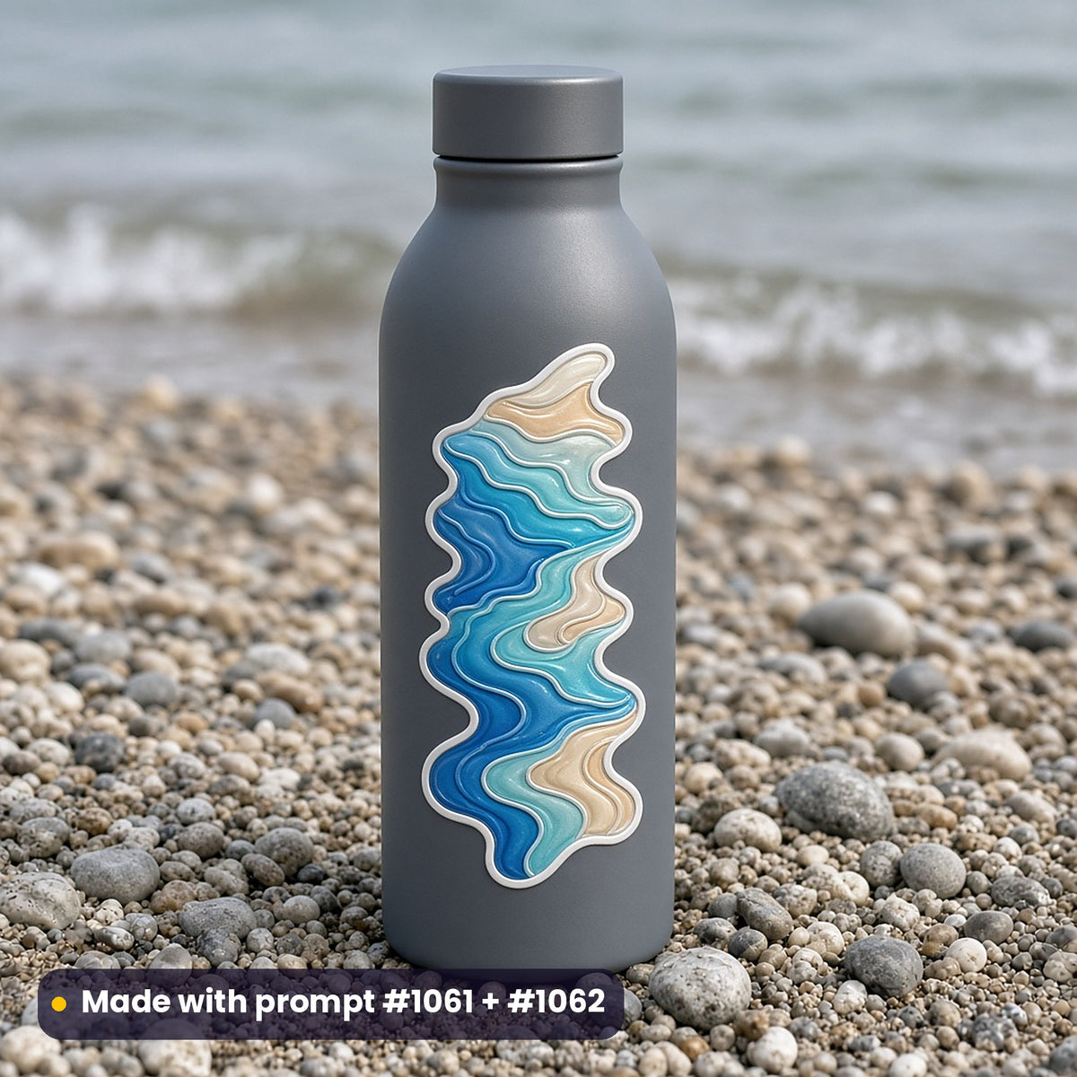 Slate-grey water bottle on a pebble beach with a die-cut decal of flowing abstract waves in blue, aqua and sand, made with prompt #1061 + #62