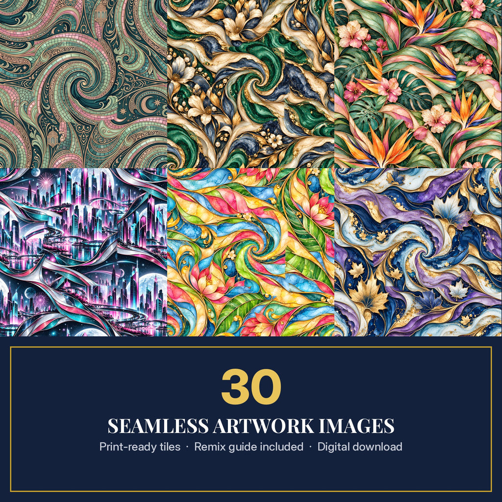 Six seamless artwork tiles in jewel colours with the text 30 seamless artwork images, print-ready tiles, remix guide included