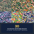 Six seamless artwork tiles in jewel colours with the text 30 seamless artwork images, print-ready tiles, remix guide included