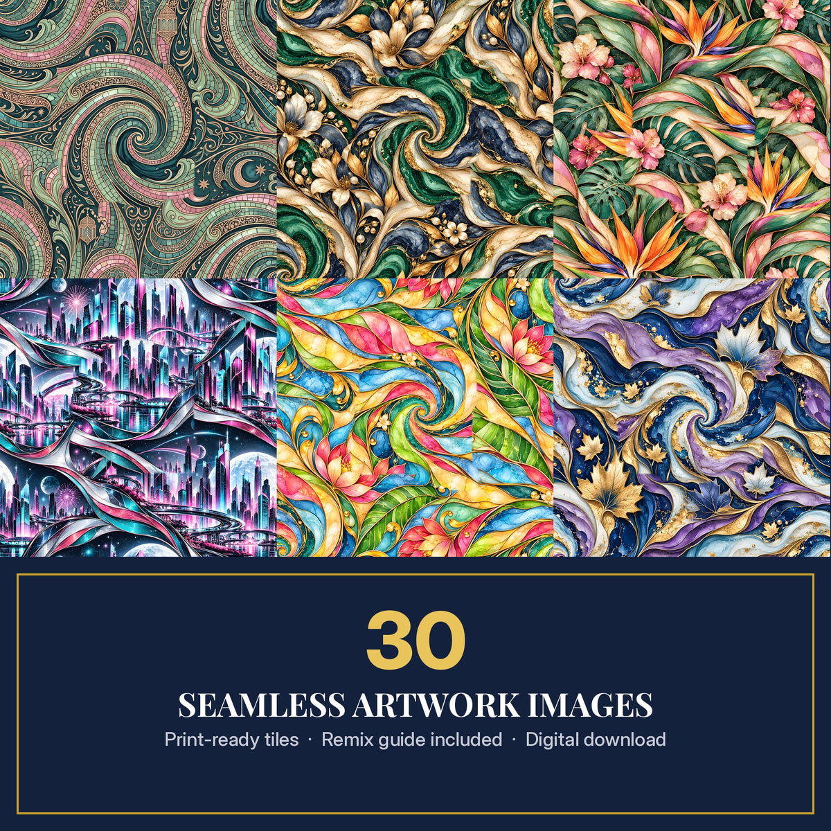 Six seamless artwork tiles in jewel colours with the text 30 seamless artwork images, print-ready tiles, remix guide included