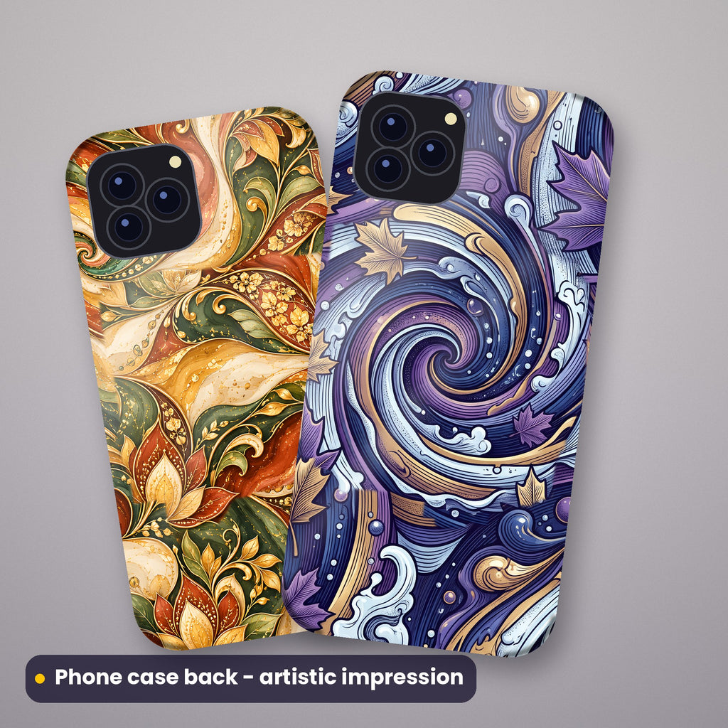 Artistic impression of seamless artwork printed on a pair of phone case backs