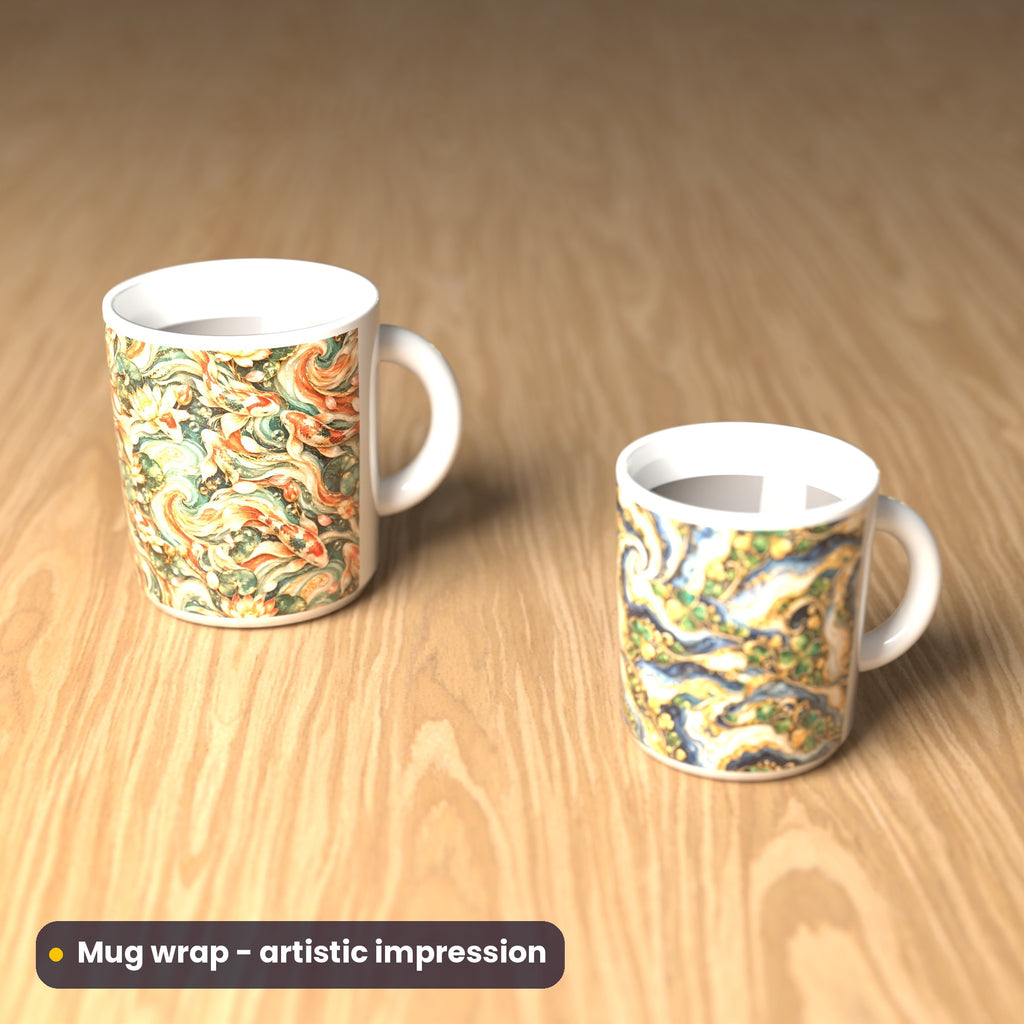 Artistic impression of seamless artwork printed on two mugs with a full wrap print