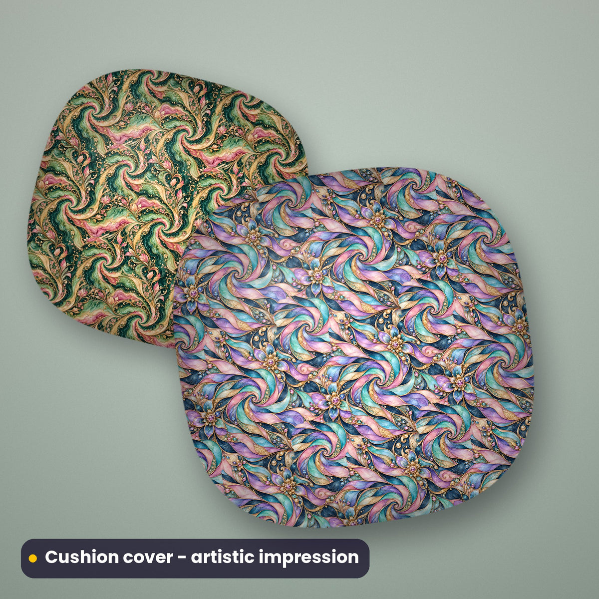 Artistic impression of seamless artwork printed on two cushion covers