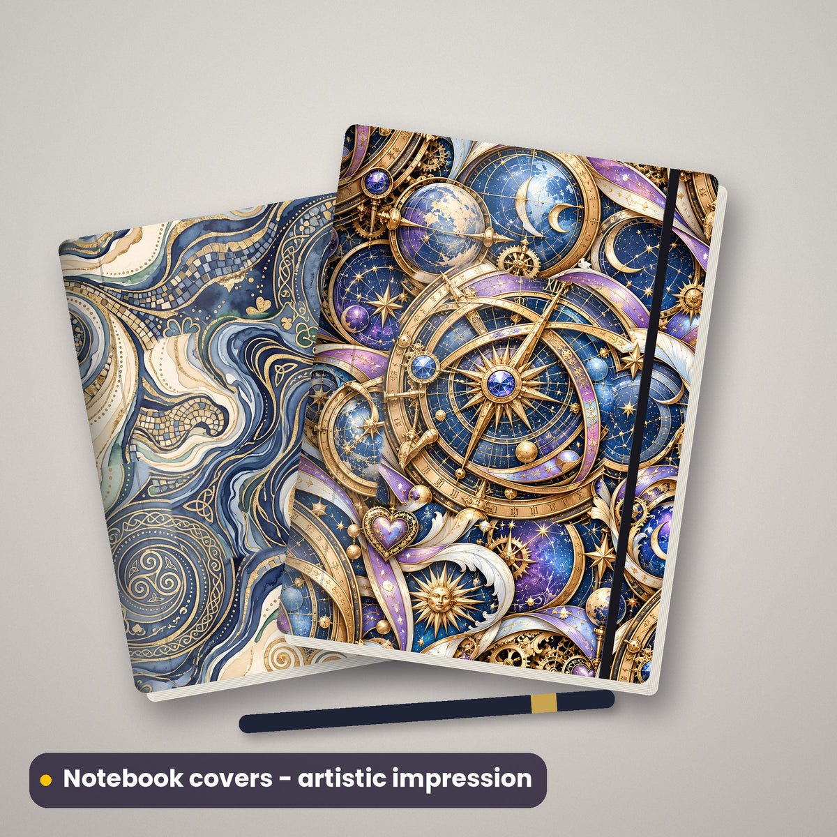 Artistic impression of seamless artwork printed on two hardback notebooks