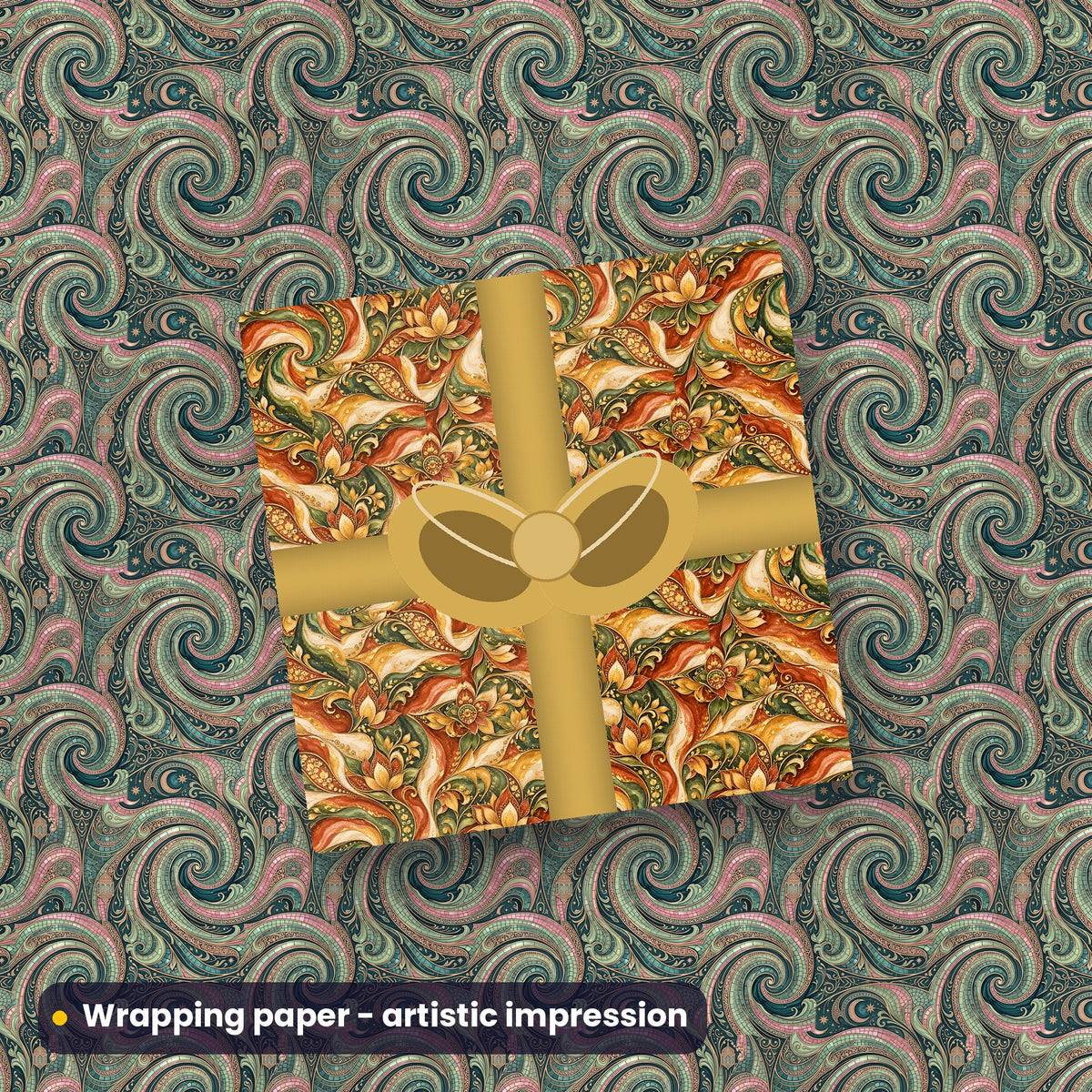Artistic impression of seamless artwork printed on a gift box in wrapping paper