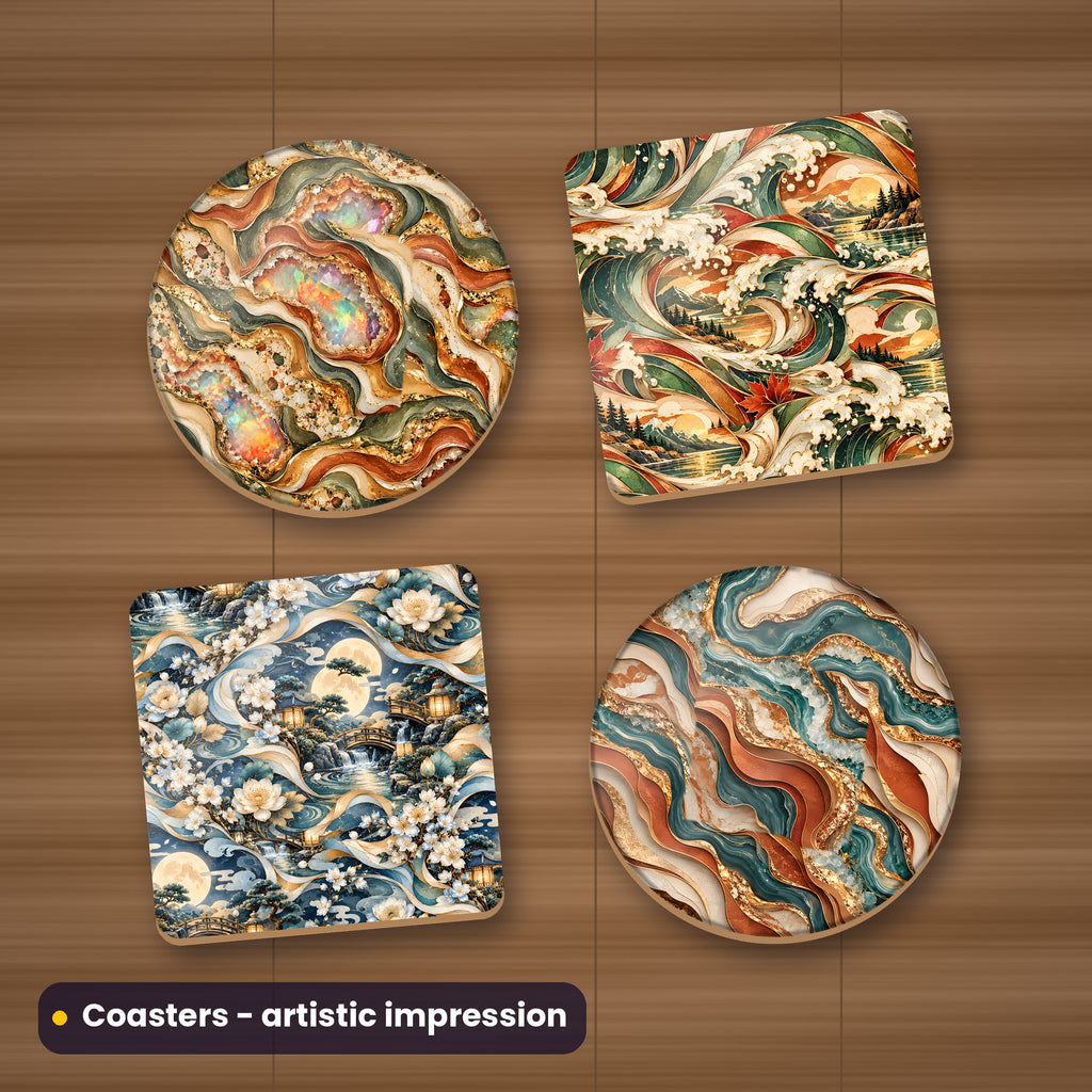 Artistic impression of seamless artwork printed on a set of four coasters